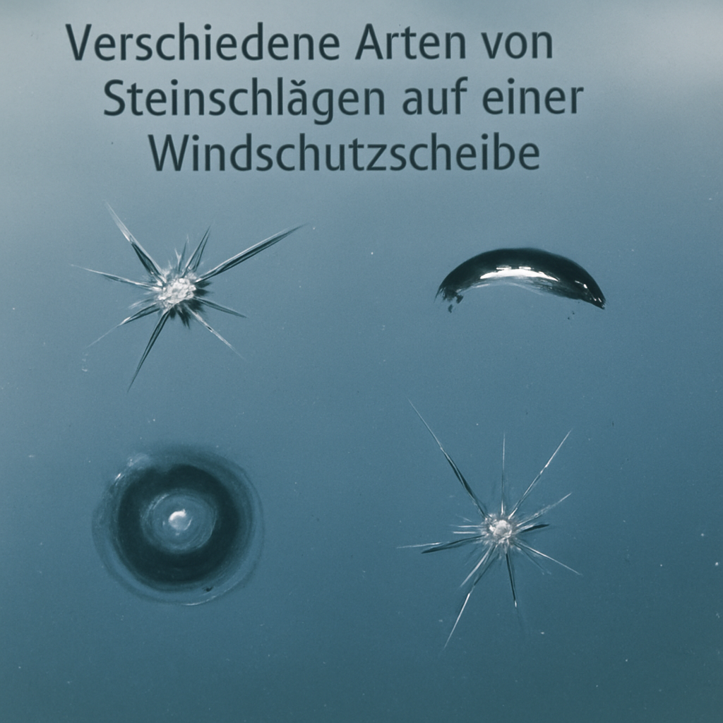 Verschiedene Arten von Steinschlägen auf einer Windschutzscheibe beim Auto.